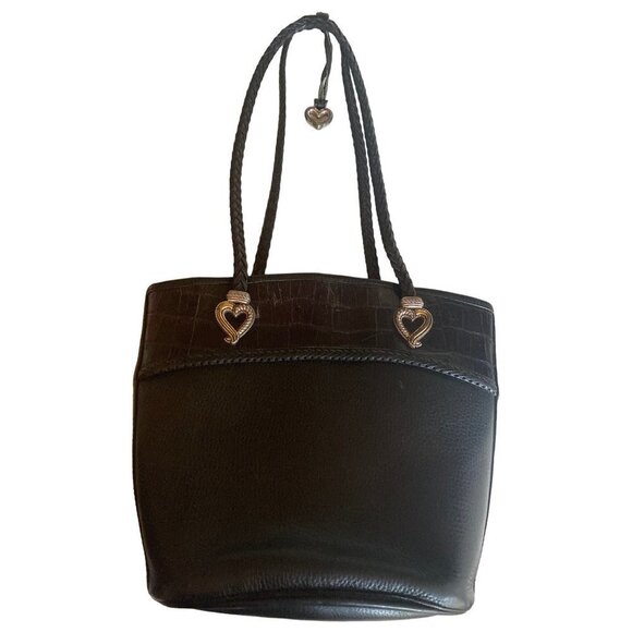 Brighton Handbags - Brighton Black Leather Bucket Purse Bag Braided Handle Snap Close Heart Detail